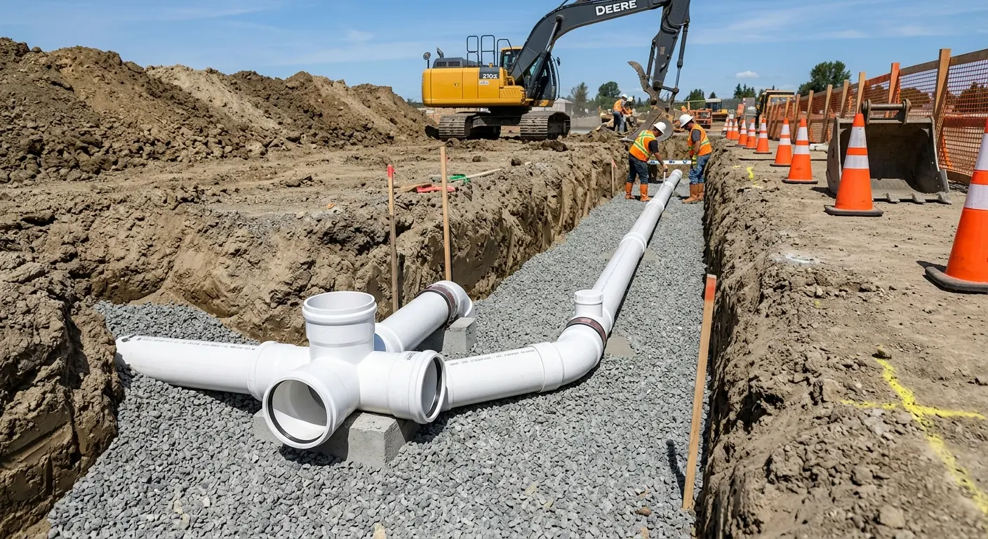 New PVC sewer pipe installation in open trench for Commercial Drain Cleaning in West Vero Corridor