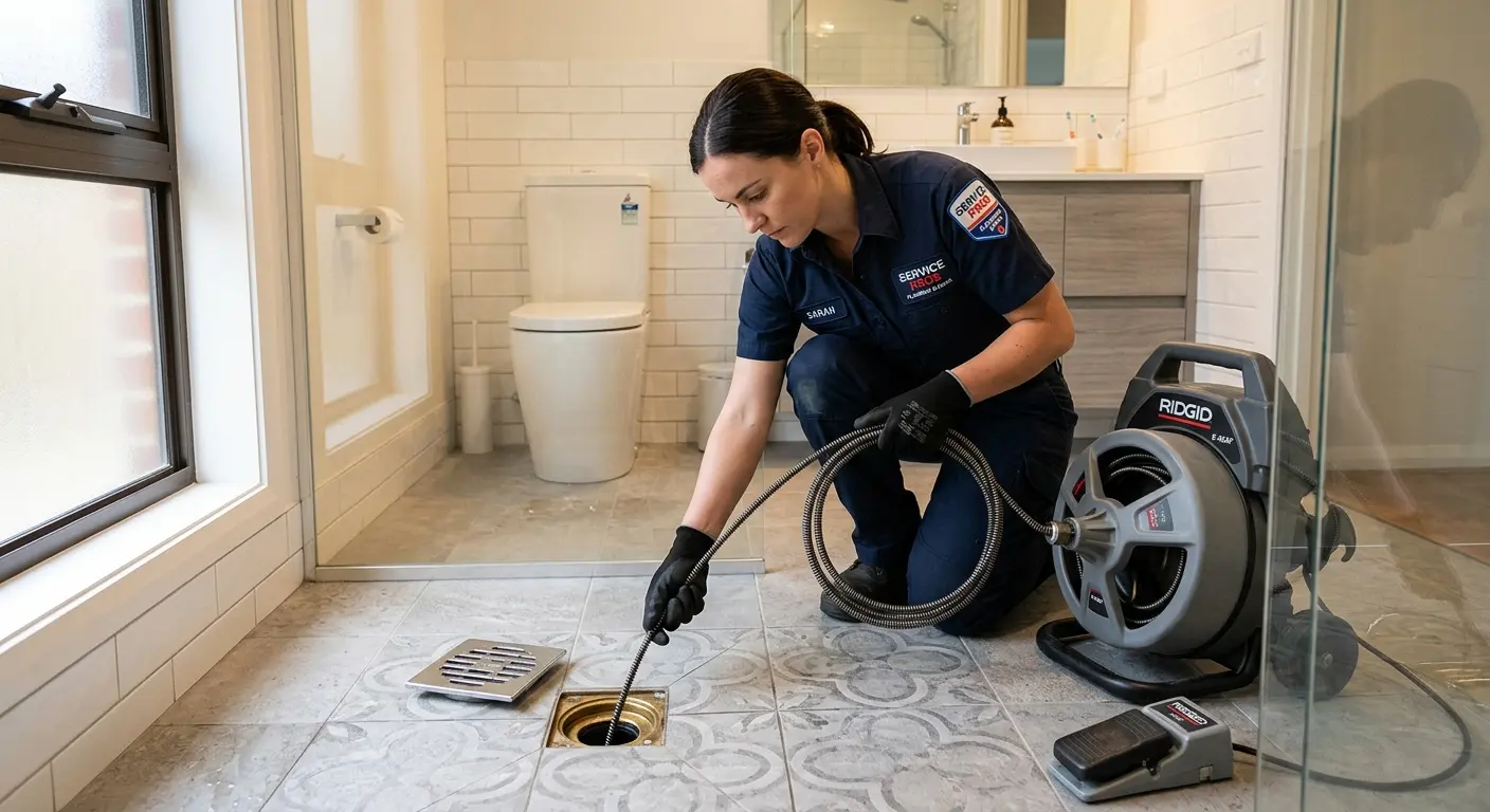 Technician clearing a bathroom floor drain for Drain Cleaning in West Vero Corridor